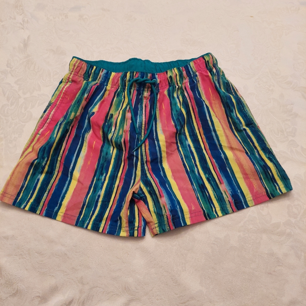 OP Ocean Pacific striped retro look abstract swim trunks. Size medium
